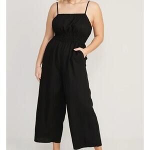 Old Navy Women Waist-Defined Linen-Blend Crop Smocked Cami Jumpsuit SZ XL Black‎